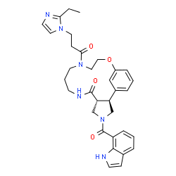 ChemSpider 2D Image | (2S,6R)-12-[3-(2-Ethyl-1H-imidazol-1-yl)propanoyl]-4-(1H-indol-7-ylcarbonyl)-15-oxa-4,8,12-triazatricyclo[14.3.1.0~2,6~]icosa-1(20),16,18-trien-7-one | C33H38N6O4