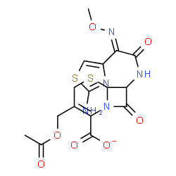 ChemSpider 2D Image | 3-(Acetoxymethyl)-7-{[(2E)-2-(2-amino-1,3-thiazol-4-yl)-2-(methoxyimino)acetyl]amino}-8-oxo-5-thia-1-azabicyclo[4.2.0]oct-2-ene-2-carboxylate | C16H16N5O7S2