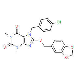 ChemSpider 2D Image | 8-(1,3-Benzodioxol-5-ylmethoxy)-7-(4-chlorobenzyl)-1,3-dimethyl-3,7-dihydro-1H-purine-2,6-dione | C22H19ClN4O5