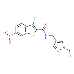 ChemSpider 2D Image | 3-Chloro-N-[(1-ethyl-1H-pyrazol-4-yl)methyl]-6-nitro-1-benzothiophene-2-carboxamide | C15H13ClN4O3S