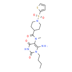 ChemSpider 2D Image | N-(6-Amino-1-butyl-2,4-dioxo-1,2,3,4-tetrahydro-5-pyrimidinyl)-N-methyl-1-(2-thienylsulfonyl)-4-piperidinecarboxamide | C19H27N5O5S2