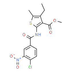 ChemSpider 2D Image | Methyl 2-[(4-chloro-3-nitrobenzoyl)amino]-4-ethyl-5-methyl-3-thiophenecarboxylate | C16H15ClN2O5S