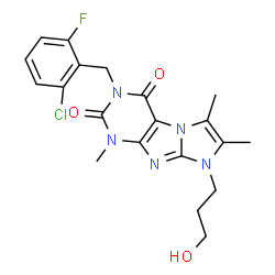 ChemSpider 2D Image | 3-(2-Chloro-6-fluorobenzyl)-8-(3-hydroxypropyl)-1,6,7-trimethyl-1H-imidazo[2,1-f]purine-2,4(3H,8H)-dione | C20H21ClFN5O3
