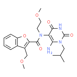 ChemSpider 2D Image | N-(6-Amino-1-isobutyl-2,4-dioxo-1,2,3,4-tetrahydro-5-pyrimidinyl)-N-(2-methoxyethyl)-3-(methoxymethyl)-1-benzofuran-2-carboxamide | C22H28N4O6