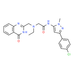ChemSpider 2D Image | N-[3-(4-Chlorophenyl)-1-methyl-1H-pyrazol-5-yl]-N~2~-ethyl-N~2~-[(4-oxo-1,4-dihydro-2-quinazolinyl)methyl]glycinamide | C23H23ClN6O2
