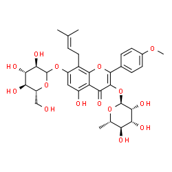 ChemSpider 2D Image | 3-[(6-Deoxy-alpha-L-mannopyranosyl)oxy]-5-hydroxy-2-(4-methoxyphenyl)-8-(3-methyl-2-buten-1-yl)-4-oxo-4H-chromen-7-yl D-glucopyranoside | C33H40O15