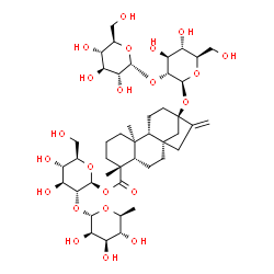 ChemSpider 2D Image | 2-O-(6-Deoxy-alpha-L-mannopyranosyl)-1-O-[(5beta,8alpha,9beta,10alpha)-13-{[2-O-(alpha-D-glucopyranosyl)-beta-D-glucopyranosyl]oxy}-18-oxokaur-16-en-18-yl]-beta-D-glucopyranose | C44H70O22