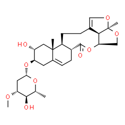 ChemSpider 2D Image | (2aR,4aS,6aR,10R,11R,12aR,12bS,14bR)-11-Hydroxy-2a,12a-dimethyl-6-oxo-2a,4,4a,6a,7,9,10,11,12,12a,12b,13,14,14b-tetradecahydro-6H-2,3,5-trioxapentaleno[1',6':5,6,7]cyclonona[1,2-a]naphthalen-10-yl 2,6
-dideoxy-3-O-methyl-beta-D-arabino-hexopyranoside | C28H40O9