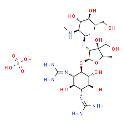 ChemSpider 2D Image | 1,1'-[(1R,2R,3S,4R,5R,6S)-4-({5-Deoxy-2-O-[2-deoxy-2-(methylamino)-alpha-L-glucopyranosyl]-3-C-(hydroxymethyl)-alpha-L-lyxofuranosyl}oxy)-2,5,6-trihydroxycyclohexane-1,3-diyl]diguanidine sulfate (1:1) | C21H43N7O16S