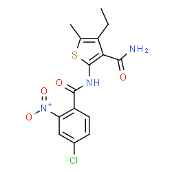ChemSpider 2D Image | 2-[(4-Chloro-2-nitrobenzoyl)amino]-4-ethyl-5-methyl-3-thiophenecarboxamide | C15H14ClN3O4S