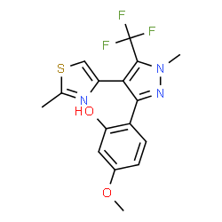 ChemSpider 2D Image | 5-Methoxy-2-[1-methyl-4-(2-methyl-1,3-thiazol-4-yl)-5-(trifluoromethyl)-1H-pyrazol-3-yl]phenol | C16H14F3N3O2S