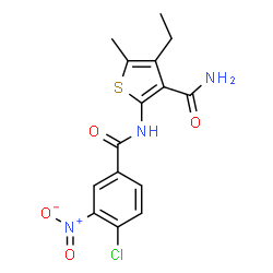 ChemSpider 2D Image | 2-[(4-Chloro-3-nitrobenzoyl)amino]-4-ethyl-5-methyl-3-thiophenecarboxamide | C15H14ClN3O4S