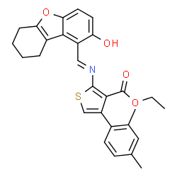 ChemSpider 2D Image | Ethyl 4-(2,4-dimethylphenyl)-2-{(E)-[(2-hydroxy-6,7,8,9-tetrahydrodibenzo[b,d]furan-1-yl)methylene]amino}-3-thiophenecarboxylate | C28H27NO4S