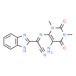 ChemSpider 2D Image | (2E)-[(5-Amino-1,3-dimethyl-2,6-dioxo-1,2,3,6-tetrahydro-4-pyrimidinyl)imino](1H-benzimidazol-2-yl)acetonitrile | C15H13N7O2