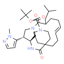 ChemSpider 2D Image | 2-Methyl-2-propanyl (1S,7E,15R)-11-isobutyl-15-(1-methyl-1H-pyrazol-5-yl)-3,12-dioxo-1'H-spiro[2,13-diazabicyclo[11.2.1]hexadec-7-ene-4,4'-piperidine]-1'-carboxylate | C31H49N5O4