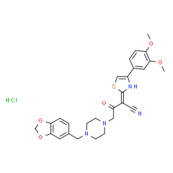 ChemSpider 2D Image | (2Z)-4-[4-(1,3-Benzodioxol-5-ylmethyl)-1-piperazinyl]-2-[4-(3,4-dimethoxyphenyl)-1,3-thiazol-2(3H)-ylidene]-3-oxobutanenitrile hydrochloride (1:1) | C27H29ClN4O5S