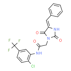 ChemSpider 2D Image | 2-[(4Z)-4-Benzylidene-2,5-dioxo-1-imidazolidinyl]-N-[2-chloro-5-(trifluoromethyl)phenyl]acetamide | C19H13ClF3N3O3