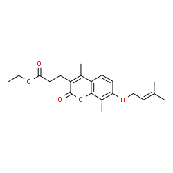 ChemSpider 2D Image | Ethyl 3-{4,8-dimethyl-7-[(3-methyl-2-buten-1-yl)oxy]-2-oxo-2H-chromen-3-yl}propanoate | C21H26O5