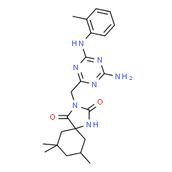 ChemSpider 2D Image | 3-({4-Amino-6-[(2-methylphenyl)amino]-1,3,5-triazin-2-yl}methyl)-7,7,9-trimethyl-1,3-diazaspiro[4.5]decane-2,4-dione | C22H29N7O2