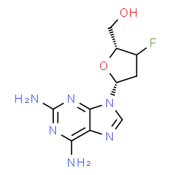 ChemSpider 2D Image | 9-[(3xi)-2,3-Dideoxy-3-fluoro-beta-D-glycero-pentofuranosyl]-9H-purine-2,6-diamine | C10H13FN6O2
