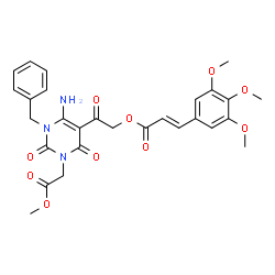 ChemSpider 2D Image | 2-[6-Amino-1-benzyl-3-(2-methoxy-2-oxoethyl)-2,4-dioxo-1,2,3,4-tetrahydro-5-pyrimidinyl]-2-oxoethyl (2E)-3-(3,4,5-trimethoxyphenyl)acrylate | C28H29N3O10
