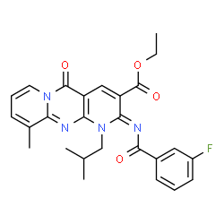 ChemSpider 2D Image | Ethyl (2Z)-2-[(3-fluorobenzoyl)imino]-1-isobutyl-10-methyl-5-oxo-1,5-dihydro-2H-dipyrido[1,2-a:2',3'-d]pyrimidine-3-carboxylate | C26H25FN4O4