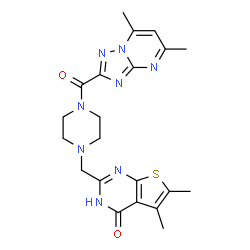 ChemSpider 2D Image | 2-({4-[(5,7-Dimethyl[1,2,4]triazolo[1,5-a]pyrimidin-2-yl)carbonyl]-1-piperazinyl}methyl)-5,6-dimethylthieno[2,3-d]pyrimidin-4(1H)-one | C21H24N8O2S