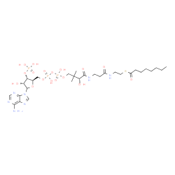 ChemSpider 2D Image | S-{(9R)-1-[(2R,3S,4R)-5-(6-Amino-9H-purin-9-yl)-4-hydroxy-3-(phosphonooxy)tetrahydro-2-furanyl]-3,5,9-trihydroxy-8,8-dimethyl-3,5-dioxido-10,14-dioxo-2,4,6-trioxa-11,15-diaza-3lambda~5~,5lambda~5~-dip
hosphaheptadecan-17-yl} octanethioate | C29H50N7O17P3S