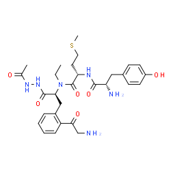 ChemSpider 2D Image | (2S)-N-{(2S)-1-(2-Acetylhydrazino)-3-[2-(aminoacetyl)phenyl]-1-oxo-2-propanyl}-2-{[(2S)-2-amino-3-(4-hydroxyphenyl)propanoyl]amino}-N-ethyl-4-(methylsulfanyl)butanamide (non-preferred name) | C29H40N6O6S
