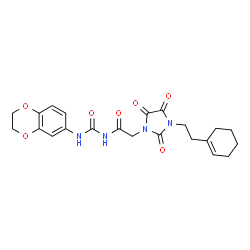 ChemSpider 2D Image | 2-{3-[2-(1-Cyclohexen-1-yl)ethyl]-2,4,5-trioxo-1-imidazolidinyl}-N-(2,3-dihydro-1,4-benzodioxin-6-ylcarbamoyl)acetamide | C22H24N4O7