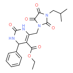 ChemSpider 2D Image | Ethyl 6-[(3-isobutyl-2,4,5-trioxo-1-imidazolidinyl)methyl]-2-oxo-4-phenyl-1,2,3,4-tetrahydro-5-pyrimidinecarboxylate | C21H24N4O6