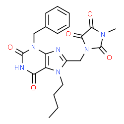 ChemSpider 2D Image | 1-[(3-Benzyl-7-butyl-2,6-dioxo-2,3,6,7-tetrahydro-1H-purin-8-yl)methyl]-3-methyl-2,4,5-imidazolidinetrione | C21H22N6O5