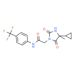 ChemSpider 2D Image | 2-(4-Cyclopropyl-4-methyl-2,5-dioxo-1-imidazolidinyl)-N-[4-(trifluoromethyl)phenyl]acetamide | C16H16F3N3O3