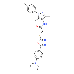 ChemSpider 2D Image | 2-({5-[4-(Diethylamino)phenyl]-1,3,4-oxadiazol-2-yl}sulfanyl)-N-[3,5-dimethyl-1-(4-methylphenyl)-1H-pyrazol-4-yl]acetamide | C26H30N6O2S