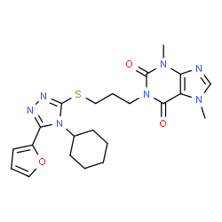 ChemSpider 2D Image | 1-(3-{[4-Cyclohexyl-5-(2-furyl)-4H-1,2,4-triazol-3-yl]sulfanyl}propyl)-3,7-dimethyl-3,7-dihydro-1H-purine-2,6-dione | C22H27N7O3S