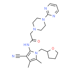 ChemSpider 2D Image | N-[3-Cyano-4,5-dimethyl-1-(tetrahydro-2-furanylmethyl)-1H-pyrrol-2-yl]-2-[4-(2-pyrimidinyl)-1-piperazinyl]acetamide | C22H29N7O2