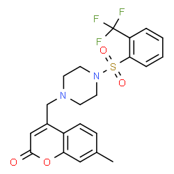 ChemSpider 2D Image | 7-Methyl-4-[(4-{[2-(trifluoromethyl)phenyl]sulfonyl}-1-piperazinyl)methyl]-2H-chromen-2-one | C22H21F3N2O4S
