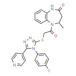 ChemSpider 2D Image | 5-({[4-(4-Fluorophenyl)-5-(4-pyridinyl)-4H-1,2,4-triazol-3-yl]sulfanyl}acetyl)-4-methyl-1,3,4,5-tetrahydro-2H-1,5-benzodiazepin-2-one | C25H21FN6O2S