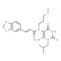 ChemSpider 2D Image | (2E)-N-(6-Amino-1-isobutyl-2,4-dioxo-1,2,3,4-tetrahydro-5-pyrimidinyl)-3-(1,3-benzodioxol-5-yl)-N-(3-methoxypropyl)acrylamide | C22H28N4O6
