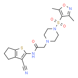 ChemSpider 2D Image | N-(3-Cyano-5,6-dihydro-4H-cyclopenta[b]thiophen-2-yl)-2-{4-[(3,5-dimethyl-1,2-oxazol-4-yl)sulfonyl]-1-piperazinyl}acetamide | C19H23N5O4S2