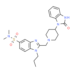 ChemSpider 2D Image | N,N-Dimethyl-2-{[4-(2-oxo-2,3-dihydro-1H-benzimidazol-1-yl)-1-piperidinyl]methyl}-1-propyl-1H-benzimidazole-5-sulfonamide | C25H32N6O3S