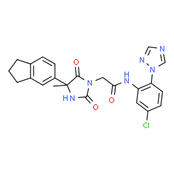 ChemSpider 2D Image | N-[5-Chloro-2-(1H-1,2,4-triazol-1-yl)phenyl]-2-[4-(2,3-dihydro-1H-inden-5-yl)-4-methyl-2,5-dioxo-1-imidazolidinyl]acetamide | C23H21ClN6O3