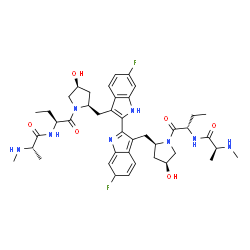 ChemSpider 2D Image | (2S,2'S)-N,N'-[(6,6'-Difluoro-1H,6'H-2,2'-biindole-3,3'-diyl)bis{methylene[(2R,4S)-4-hydroxy-2,1-pyrrolidinediyl][(2S)-1-oxo-1,2-butanediyl]}]bis[2-(methylamino)propanamide] (non-preferred name) | C42H56F2N8O6