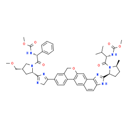 ChemSpider 2D Image | Methyl {(2S)-1-[(2S,5S)-2-(9-{2-[(2S,4S)-1-{(2R)-2-[(methoxycarbonyl)amino]-2-phenylacetyl}-4-(methoxymethyl)-2-pyrrolidinyl]-4H-imidazol-5-yl}-3,11-dihydroisochromeno[4',3':6,7]naphtho[1,2-d]imidazol
-2-yl)-5-methyl-1-pyrrolidinyl]-3-methyl-1-oxo-2-butanyl}carbamate | C49H54N8O8