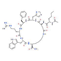 ChemSpider 2D Image | (3S,6S,9R,12S,15S,23S)-15-[(N-Acetyl-L-norleucyl)amino]-9-benzyl-6-(3-carbamimidamidopropyl)-12-(2H-imidazol-4-ylmethyl)-3-(1H-indol-3-ylmethyl)-2,5,8,11,14,17-hexaoxo-1,4,7,10,13,18-hexaazacyclotrico
sane-23-carboxamide | C50H69N15O9