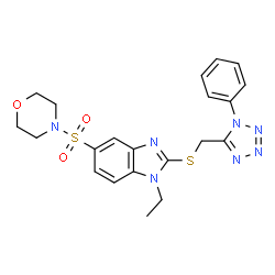 ChemSpider 2D Image | 1-Ethyl-5-(4-morpholinylsulfonyl)-2-{[(1-phenyl-1H-tetrazol-5-yl)methyl]sulfanyl}-1H-benzimidazole | C21H23N7O3S2