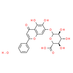 ChemSpider 2D Image | 5,6-Dihydroxy-4-oxo-2-phenyl-4H-chromen-7-yl L-glucopyranosiduronic acid hydrate (1:1) | C21H20O12