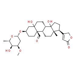 ChemSpider 2D Image | (3alpha,8alpha,10alpha,13alpha,14xi,17alpha)-3-[(2,6-Dideoxy-3-O-methyl-beta-L-ribo-hexopyranosyl)oxy]-5,14-dihydroxy-19-oxocard-20(22)-enolide | C30H44O9