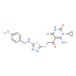ChemSpider 2D Image | 6-Amino-1-cyclopropyl-5-[({5-[(4-methoxybenzyl)amino]-1,3,4-thiadiazol-2-yl}sulfanyl)acetyl]-2,4(1H,3H)-pyrimidinedione | C19H20N6O4S2