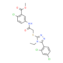 ChemSpider 2D Image | Methyl 2-chloro-5-[({[5-(2,4-dichlorophenyl)-4-ethyl-4H-1,2,4-triazol-3-yl]sulfanyl}acetyl)amino]benzoate | C20H17Cl3N4O3S